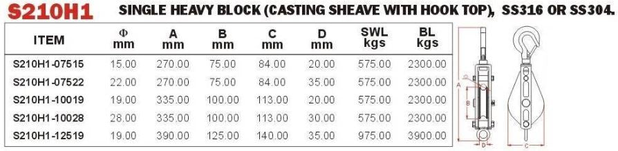 Vinox S/S 304 Single Heavy Pulley Block ( Casting Sheave with Hook Top )