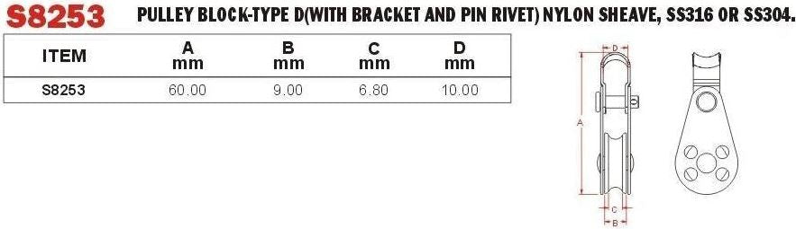 Vinox S/S 304 Pulley Block Bracket & Pin Rivet Nylon Sheave