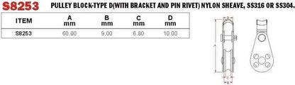Vinox S/S 304 Pulley Block Bracket & Pin Rivet Nylon Sheave